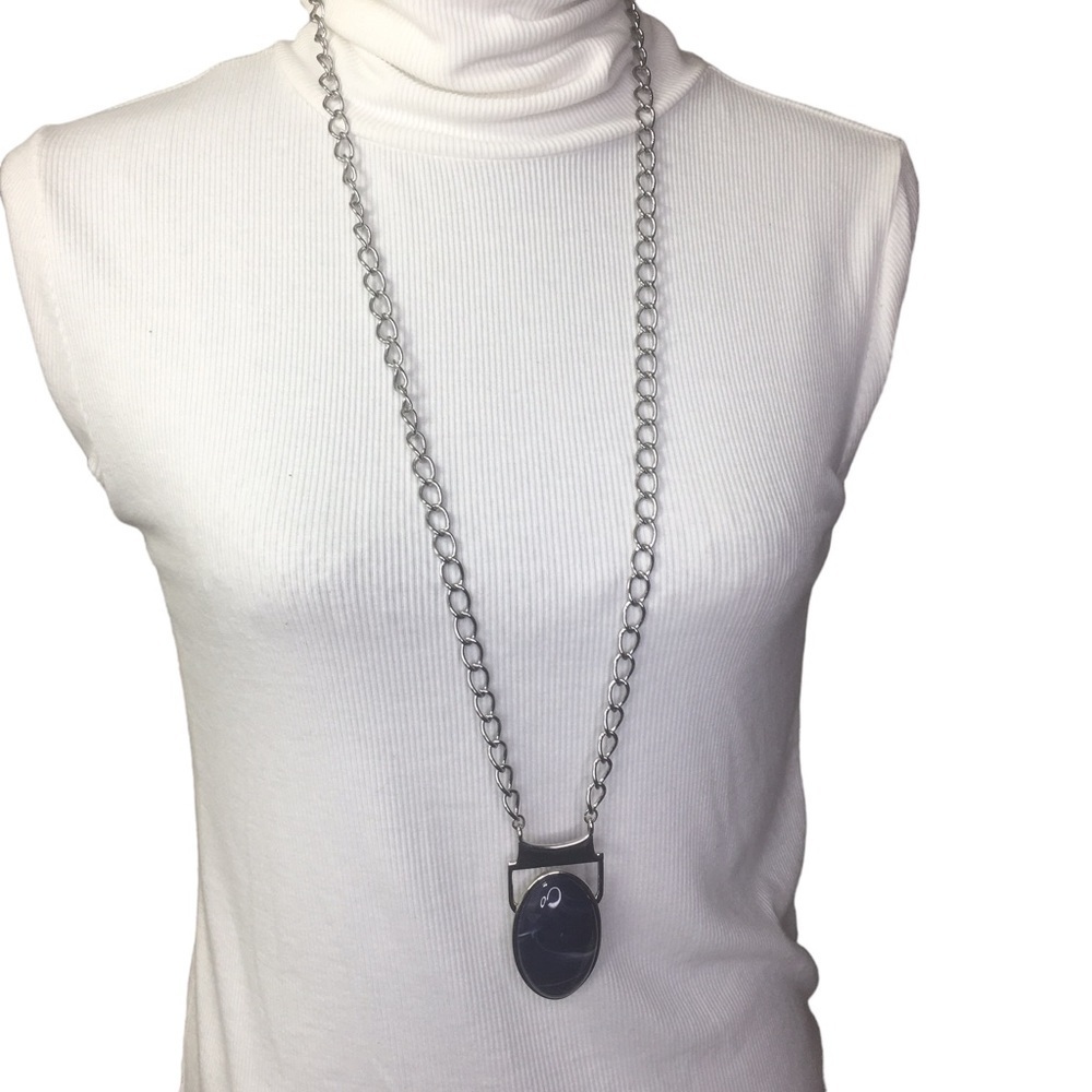 Lia Sophia Navy Blue Large Cabochon Pendant Necklace in Silver New with Tags 39"